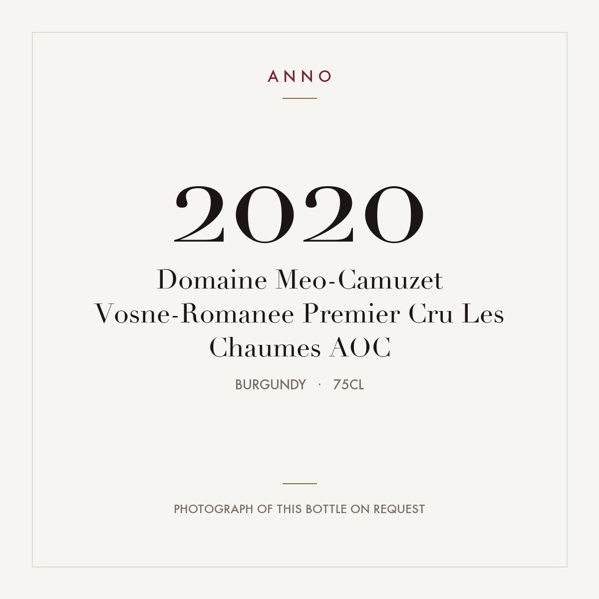 Domaine Meo-Camuzet Vosne-Romanee Premier Cru Les Chaumes 2020 AOC 0,75l, Bourgogne — ANNO-årgangskort; foto af den faktiske flaske på forespørgsel
