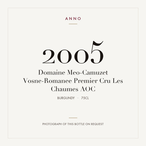 Domaine Meo-Camuzet Vosne-Romanee Premier Cru Les Chaumes 2005 AOC 0,75l, Borgogna — card dell'annata ANNO; foto della bottiglia reale disponibile su richiesta