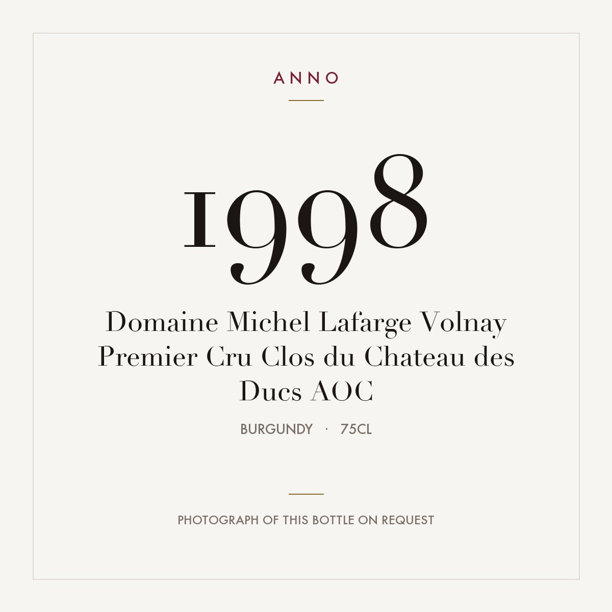 Domaine Michel Lafarge Volnay Premier Cru Clos du Chateau des Ducs 1998 AOC 0,75l, Borgonha — cartão de colheita ANNO; fotografia da garrafa real disponível a pedido