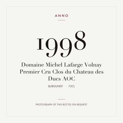 Domaine Michel Lafarge Volnay Premier Cru Clos du Chateau des Ducs 1998 AOC 0,75l, Borgogna — card dell'annata ANNO; foto della bottiglia reale disponibile su richiesta