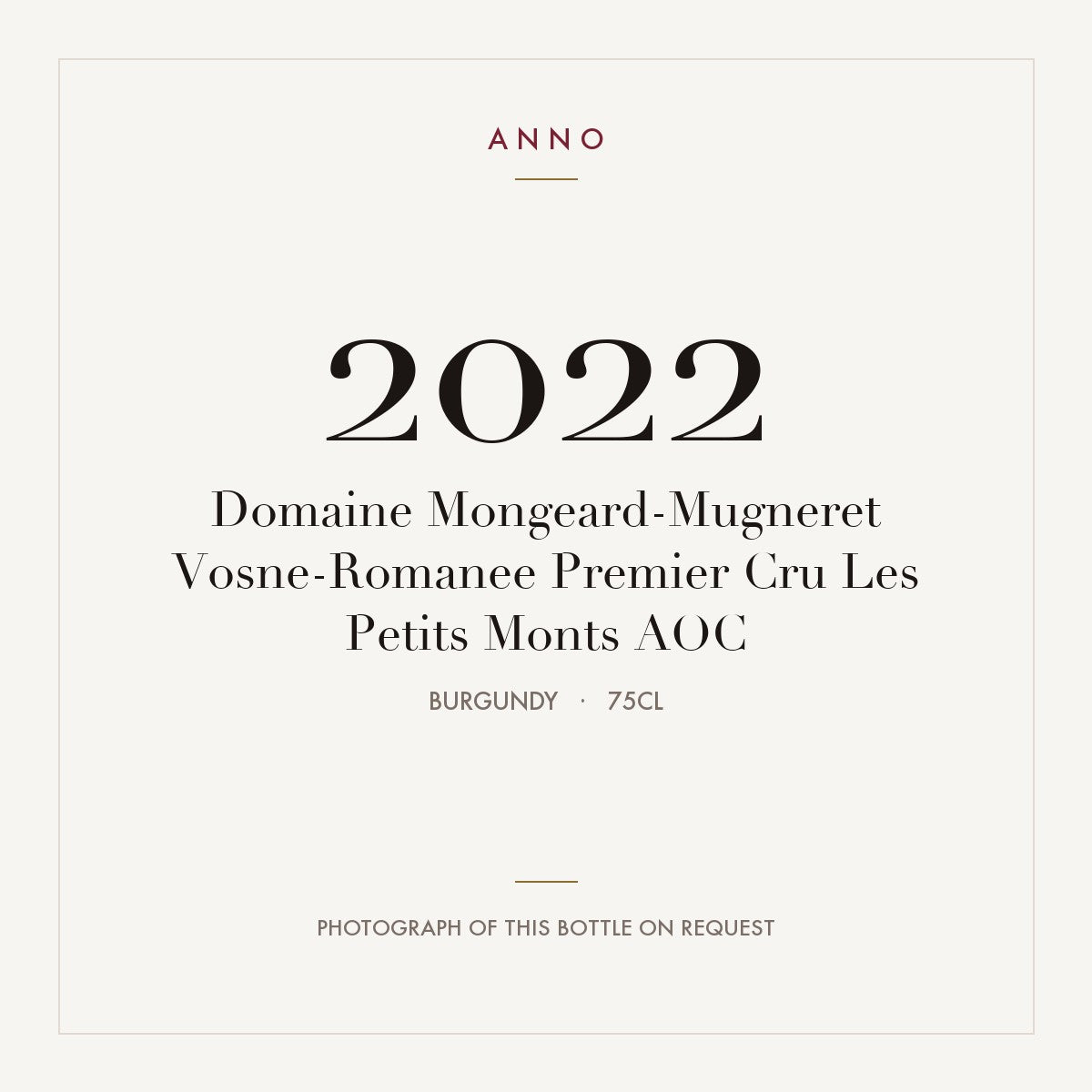 Domaine Mongeard-Mugneret Vosne-Romanee Premier Cru Les Petits Monts 2022 AOC 0,75l, ブルゴーニュ — ANNOヴィンテージカード。実際のボトルの写真はご要望に応じてご用意します