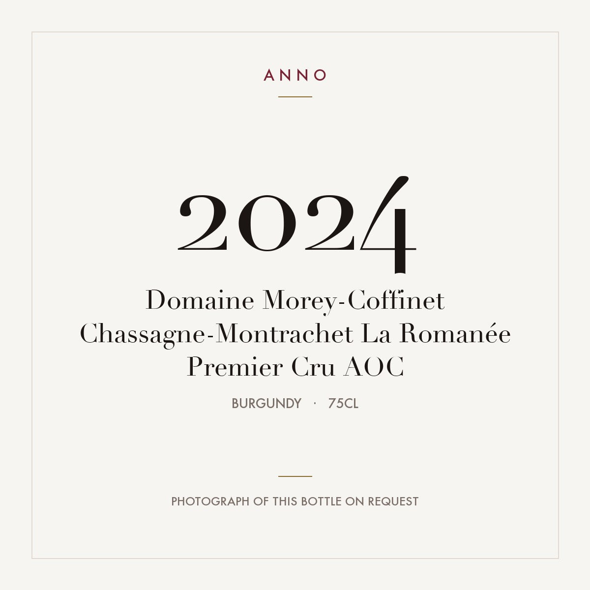Domaine Morey-Coffinet Chassagne-Montrachet Premier Cru La Romanee 2024 AOC 0,75l — ANNO vintage card; photograph of the actual bottle available on request