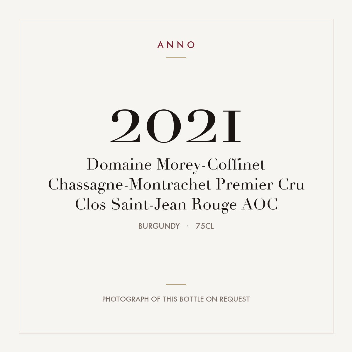 Domaine Morey-Coffinet Chassagne-Montrachet Premier Cru Clos Saint-Jean Rouge 2021 AOC 0,75l, Borgoña — tarjeta de añada ANNO; foto de la botella real disponible bajo petición