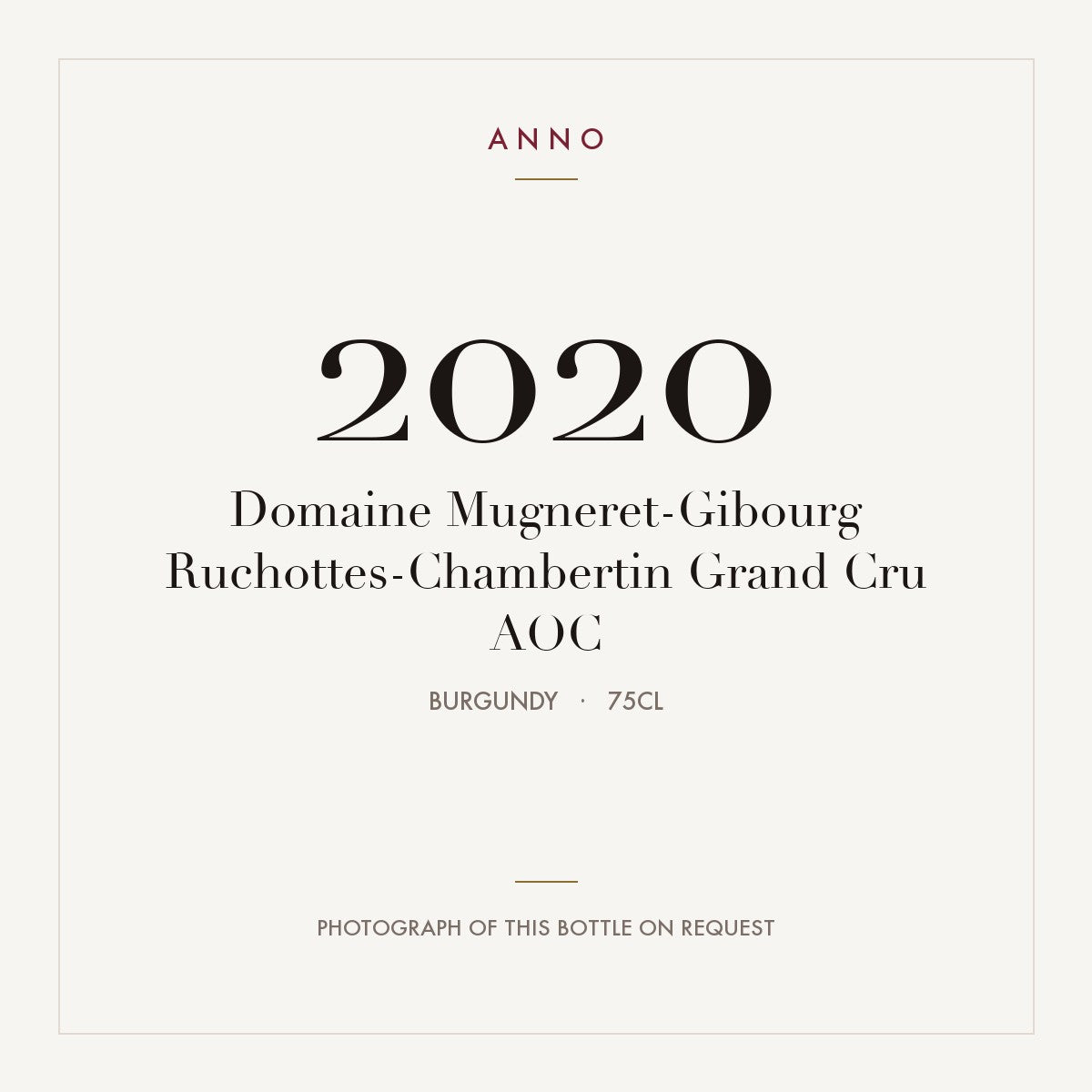 Domaine Mugneret-Gibourg Ruchottes-Chambertin Grand Cru 2020 AOC 0,75l, Бургундия — карточка урожая ANNO; фото настоящей бутылки по запросу
