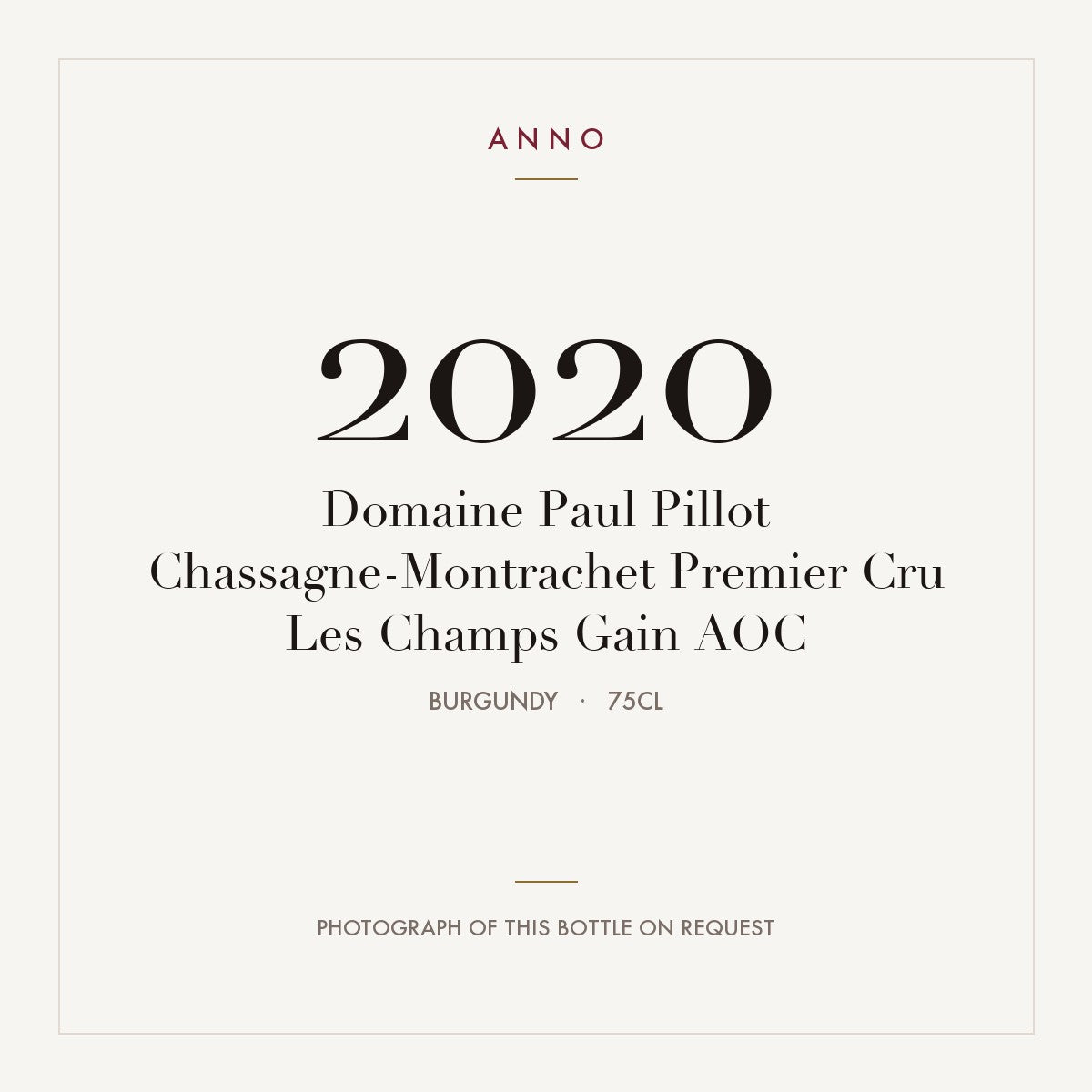 Domaine Paul Pillot Chassagne-Montrachet Premier Cru Les Champs Gain 2020 AOC 0,75l, Borgoña — tarjeta de añada ANNO; foto de la botella real disponible bajo petición