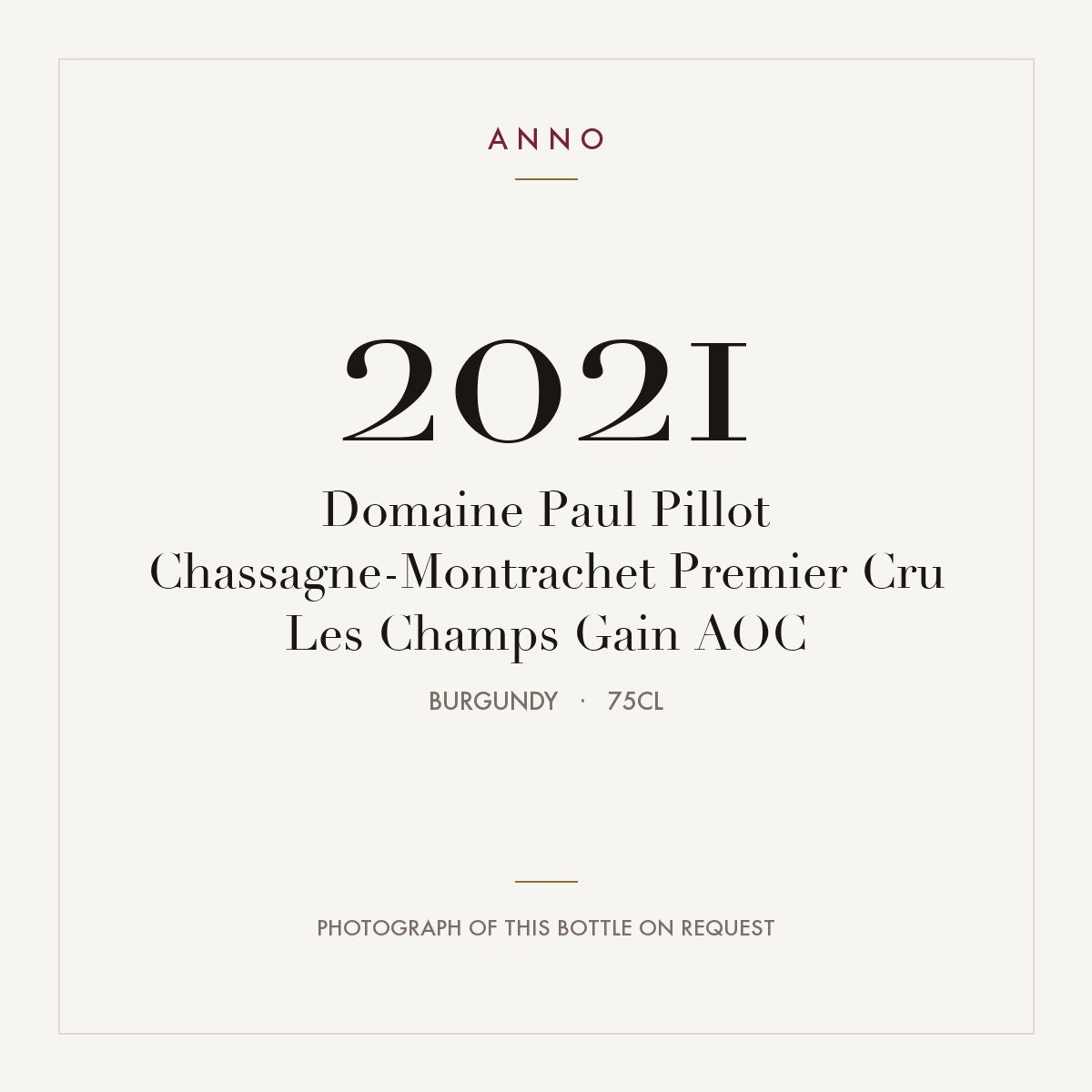 Domaine Paul Pillot Chassagne-Montrachet Premier Cru Les Champs Gain 2021 AOC 0,75l, Borgonha — cartão de colheita ANNO; fotografia da garrafa real disponível a pedido