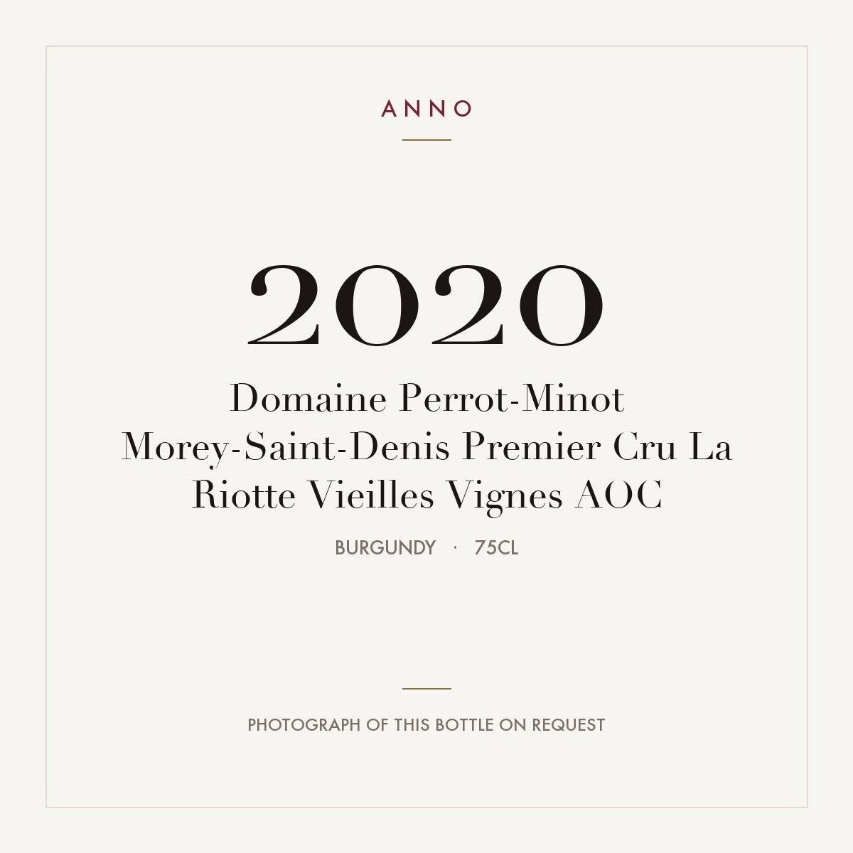 Domaine Perrot-Minot Morey-Saint-Denis Premier Cru La Riotte Vieilles Vignes 2020 AOC 0,75l, ブルゴーニュ — ANNOヴィンテージカード。実際のボトルの写真はご要望に応じてご用意します