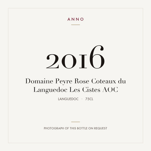 Domaine Peyre Rose Coteaux du Languedoc Les Cistes 2016 AOC 0,75l from Languedoc — ANNO vintage card; photograph of the actual bottle available on request