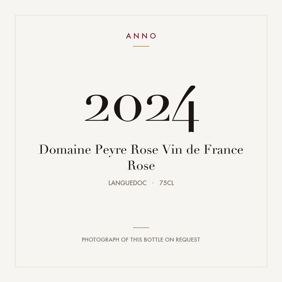 Domaine Peyre Rose Vin de France Rose 2024 0,75l, Languedoc — cartão de colheita ANNO; fotografia da garrafa real disponível a pedido