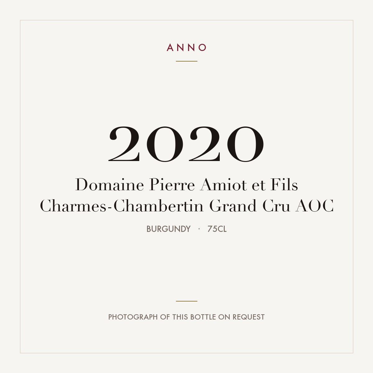Domaine Pierre Amiot et Fils Charmes-Chambertin Grand Cru 2020 AOC 0,75l from Burgundy — ANNO vintage card; photograph of the actual bottle available on request