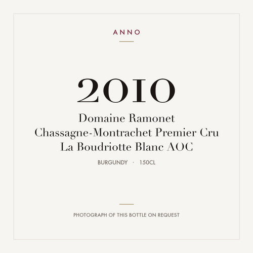 Domaine Ramonet Chassagne-Montrachet Premier Cru La Boudriotte Blanc 2010 AOC 1,5l from Burgundy — ANNO vintage card; photograph of the actual bottle available on request