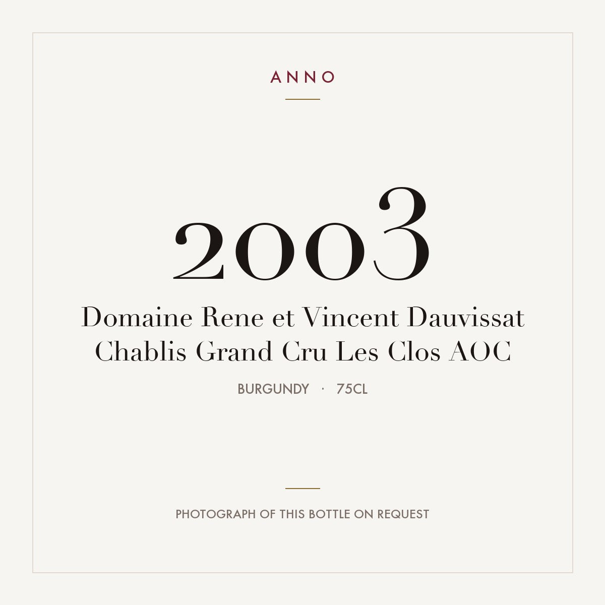 Domaine Rene et Vincent Dauvissat Chablis Grand Cru Les Clos 2003 AOC 0,75l, Bourgogne — ANNO-årgangskort; foto af den faktiske flaske på forespørgsel