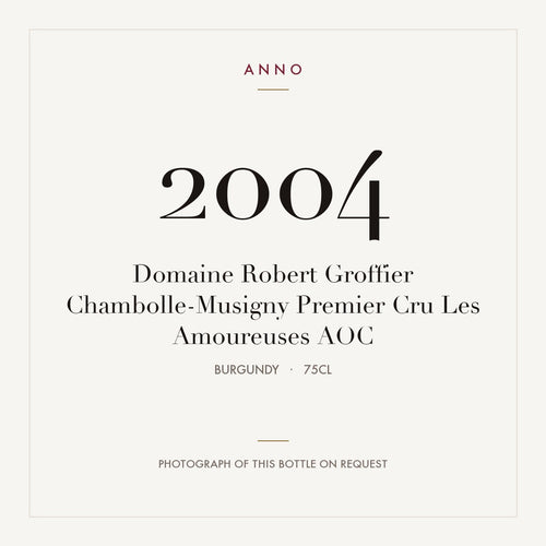 Domaine Robert Groffier Chambolle-Musigny Premier Cru Les Amoureuses 2004 AOC 0,75l, Borgoña — tarjeta de añada ANNO; foto de la botella real disponible bajo petición