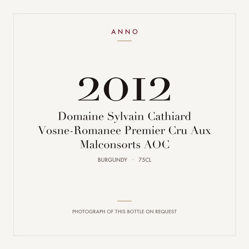 Domaine Sylvain Cathiard Vosne-Romanee Premier Cru Aux Malconsorts 2012 AOC 0,75l, Bourgogne — ANNO-jaargangkaart; foto van de echte fles op aanvraag