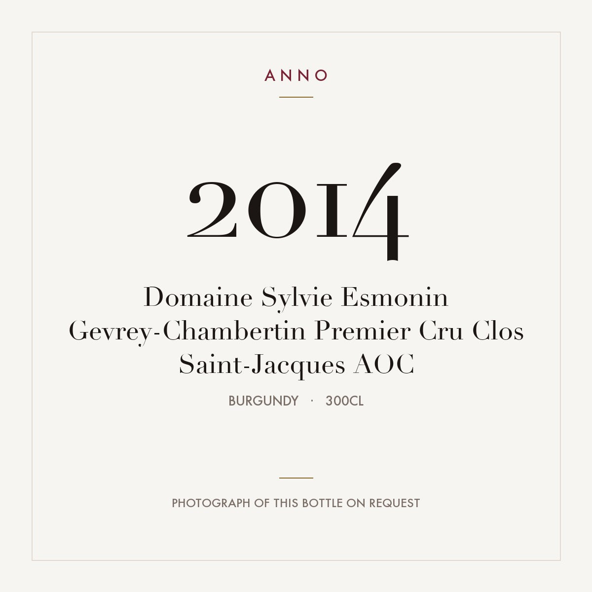 Domaine Sylvie Esmonin Gevrey-Chambertin Premier Cru Clos Saint-Jacques 2014 AOC 3l, Borgonha — cartão de colheita ANNO; fotografia da garrafa real disponível a pedido