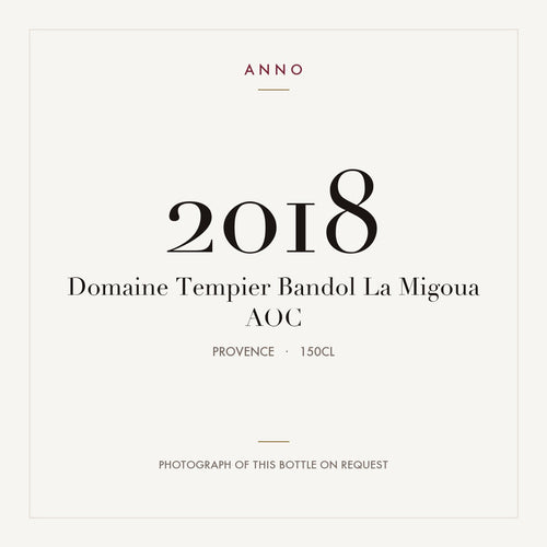 Domaine Tempier Bandol La Migoua 2018 AOC 1,5l, Provence — ANNO-jaargangkaart; foto van de echte fles op aanvraag