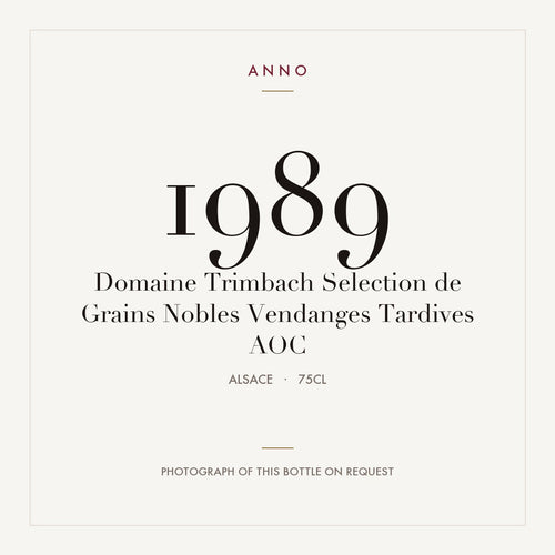 Domaine Trimbach Selection de Grains Nobles Vendanges Tardives 1989 AOC 0,75l from Alsace — ANNO vintage card; photograph of the actual bottle available on request