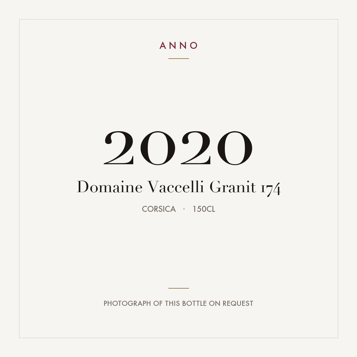 Domaine Vaccelli Granit 174 2020 1,5l, Córcega — tarjeta de añada ANNO; foto de la botella real disponible bajo petición