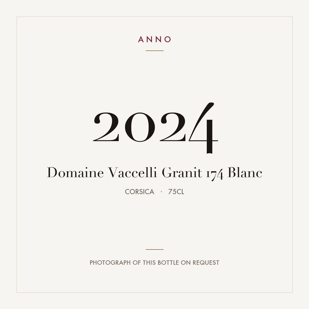 Domaine Vaccelli Granit 174 Blanc 2024 0,75l, Córsega — cartão de colheita ANNO; fotografia da garrafa real disponível a pedido