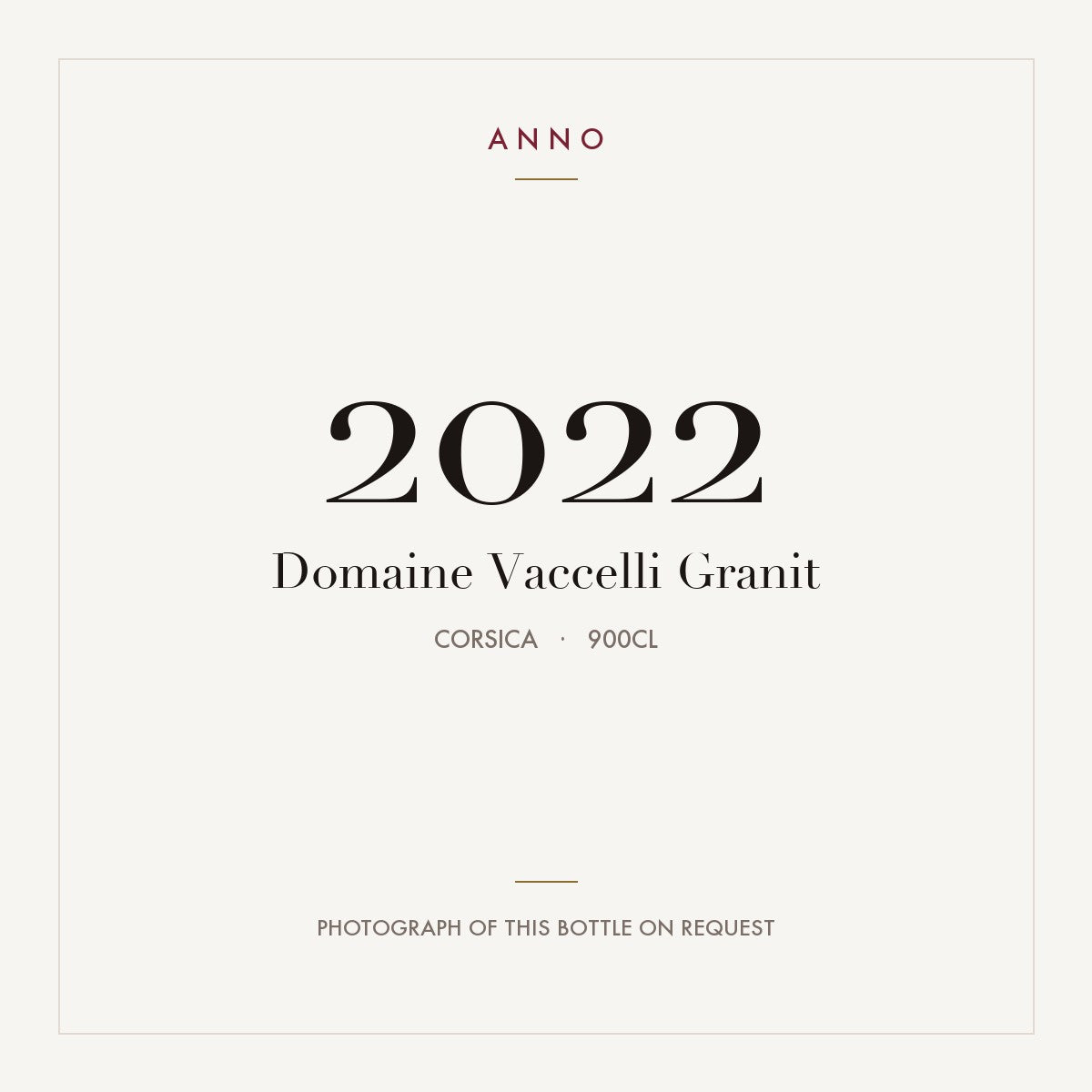 Domaine Vaccelli Granit 2022 9l, Corse — carte millésime ANNO ; photo de la bouteille réelle disponible sur demande