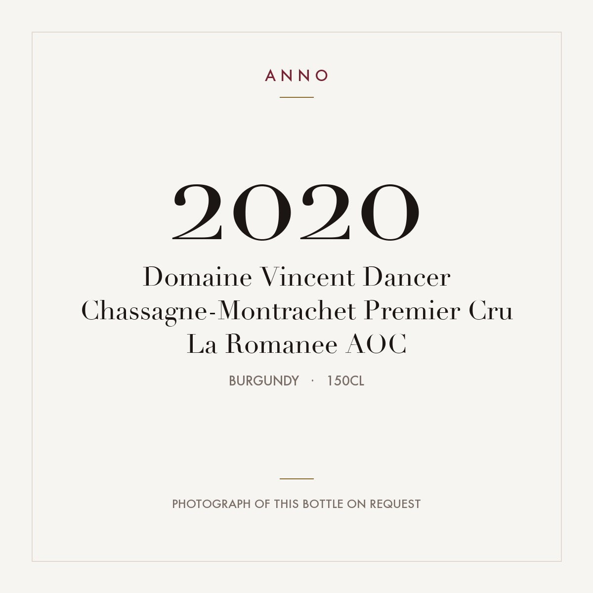 Domaine Vincent Dancer Chassagne-Montrachet Premier Cru La Romanee 2020 AOC 1,5l, Borgonha — cartão de colheita ANNO; fotografia da garrafa real disponível a pedido