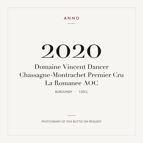 Domaine Vincent Dancer Chassagne-Montrachet Premier Cru La Romanee 2020 AOC 1,5l, Borgonha — cartão de colheita ANNO; fotografia da garrafa real disponível a pedido