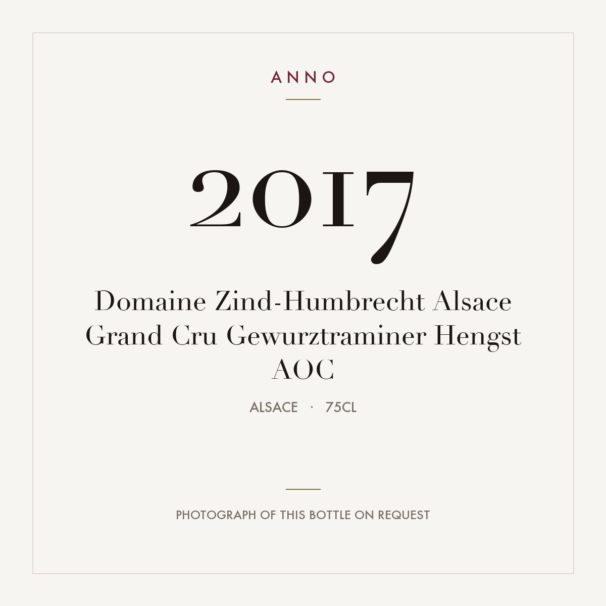 Domaine Zind-Humbrecht Alsace Grand Cru Gewurztraminer Hengst 2017 AOC 0,75l, Elzas — ANNO-jaargangkaart; foto van de echte fles op aanvraag