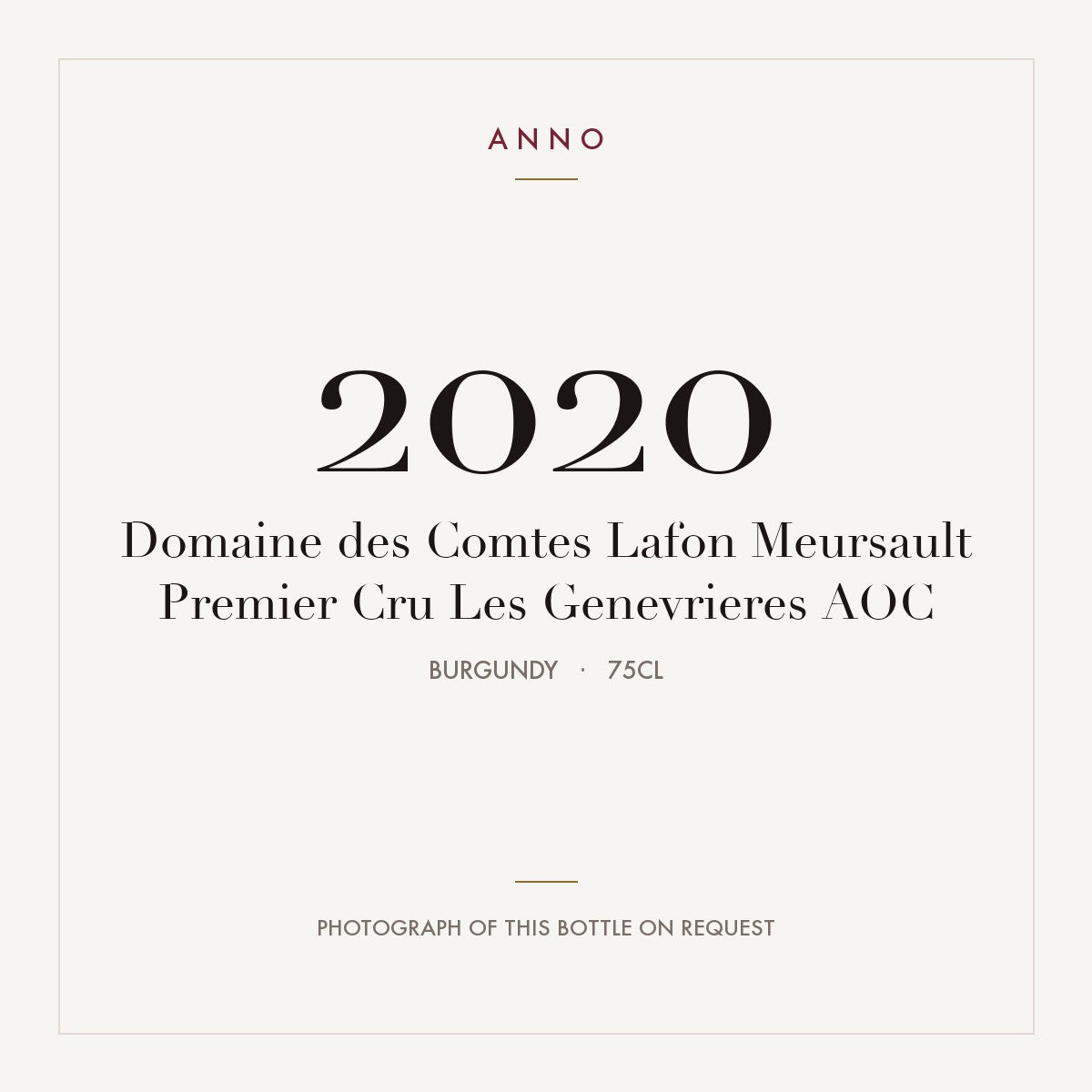 Domaine des Comtes Lafon Meursault Premier Cru Les Genevrieres 2020 AOC 0,75l, Burgund — ANNO-Jahrgangskarte; Foto der tatsächlichen Flasche auf Anfrage