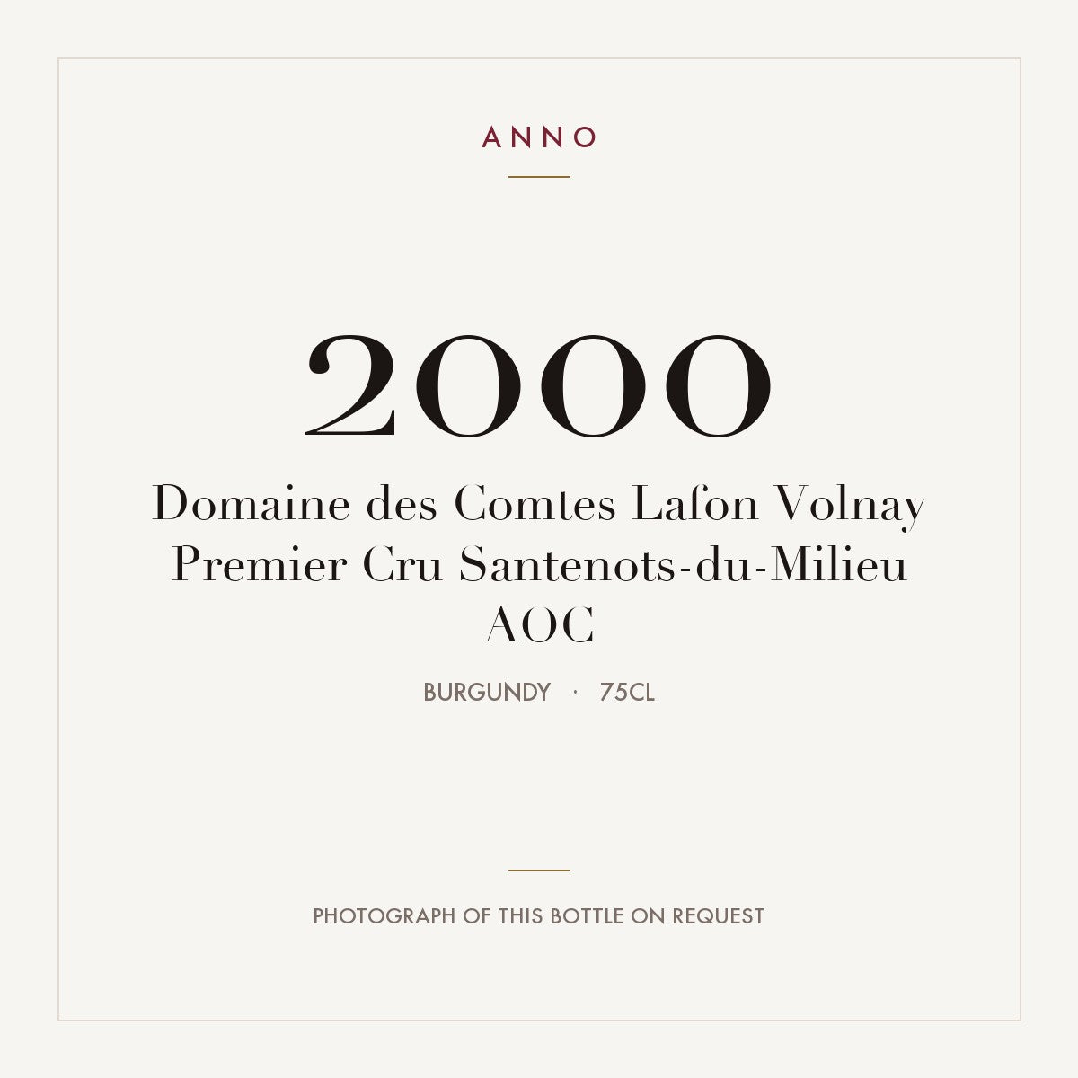 Domaine des Comtes Lafon Volnay Premier Cru Santenots-du-Milieu 2000 AOC 0,75l, Bourgogne — ANNO-årgangskort; foto af den faktiske flaske på forespørgsel