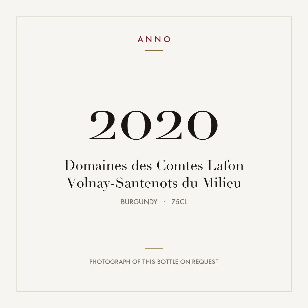 Domaine des Comtes Lafon Volnay Premier Cru Santenots-du-Milieu 2020 AOC 0,75l — carte millésime ANNO ; photo de la bouteille réelle disponible sur demande