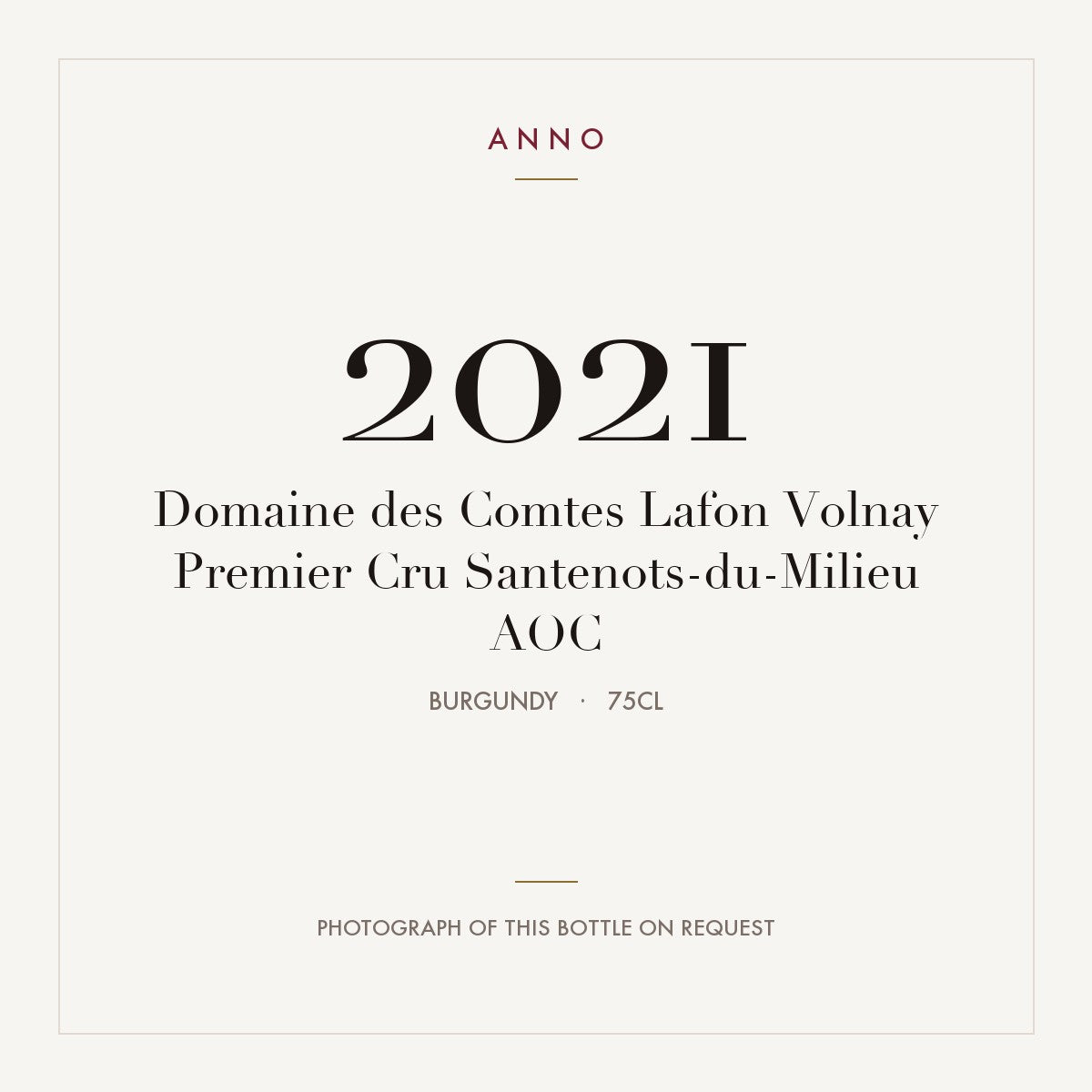 Domaine des Comtes Lafon Volnay Premier Cru Santenots-du-Milieu 2021 AOC 0,75l, Bourgogne — ANNO-årgangskort; foto af den faktiske flaske på forespørgsel