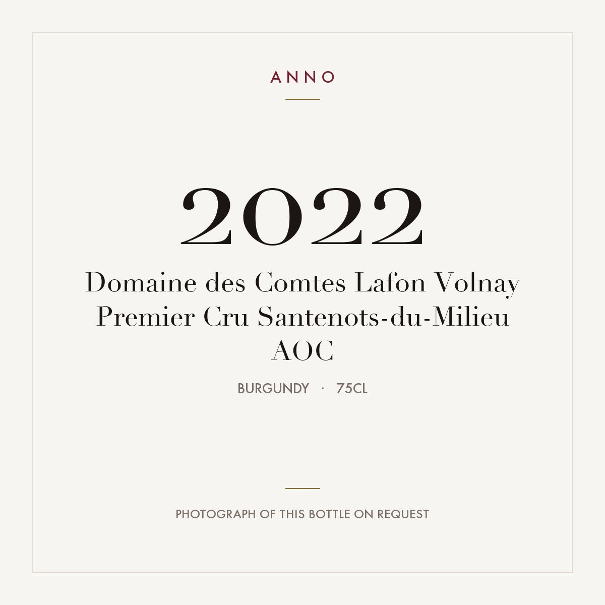 Domaine des Comtes Lafon Volnay Premier Cru Santenots-du-Milieu 2022 AOC 0,75l, Bourgogne — ANNO-årgangskort; foto af den faktiske flaske på forespørgsel
