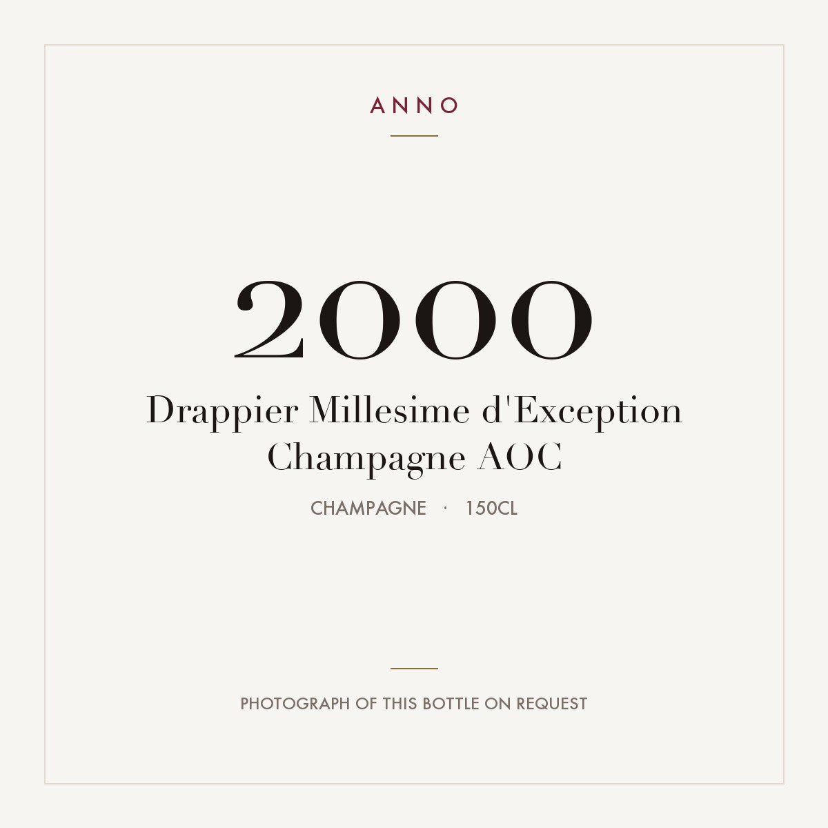 Drappier Millesime d'Exception Champagne 2000 AOC 1,5l, Champagne — ANNO-Jahrgangskarte; Foto der tatsächlichen Flasche auf Anfrage