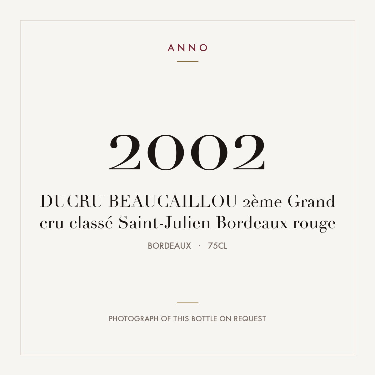 Chateau Ducru-Beaucaillou Saint-Julien 2002 AOC 0,75l — ANNO vintage card; photograph of the actual bottle available on request