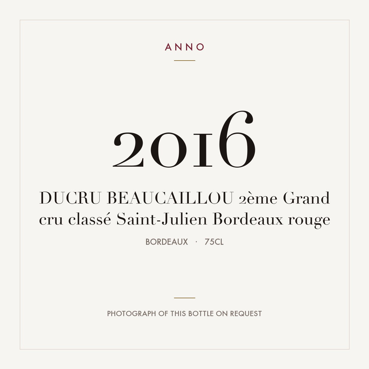 Chateau Ducru-Beaucaillou Saint-Julien 2016 AOC 0,75l — ANNO vintage card; photograph of the actual bottle available on request