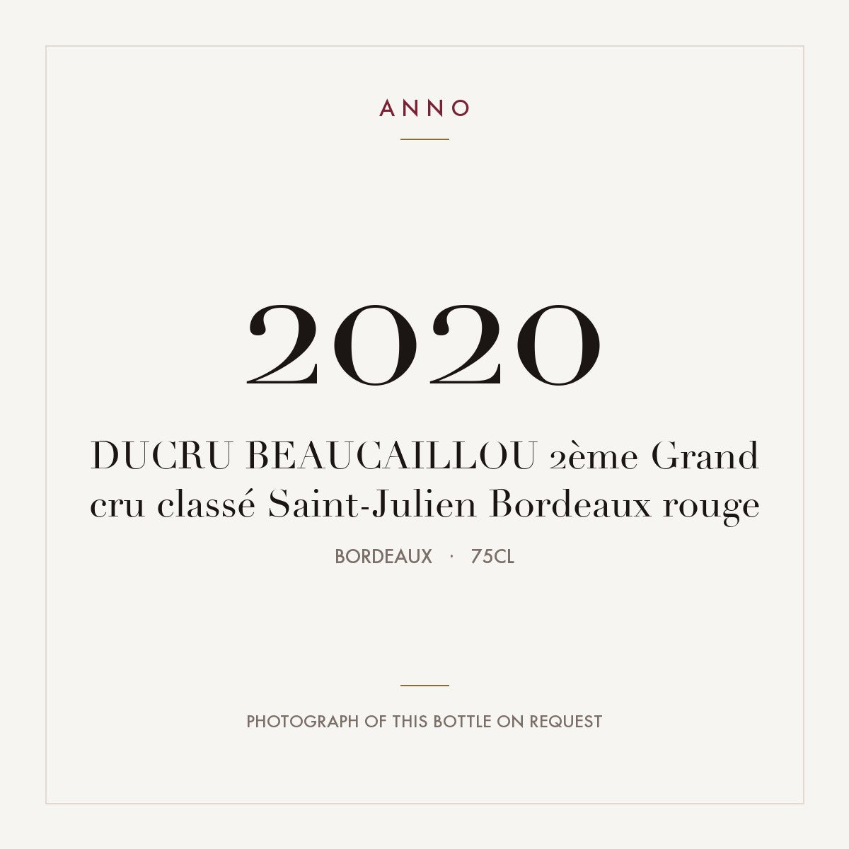 Chateau Ducru-Beaucaillou Saint-Julien 2020 AOC 0,75l — ANNO vintage card; photograph of the actual bottle available on request