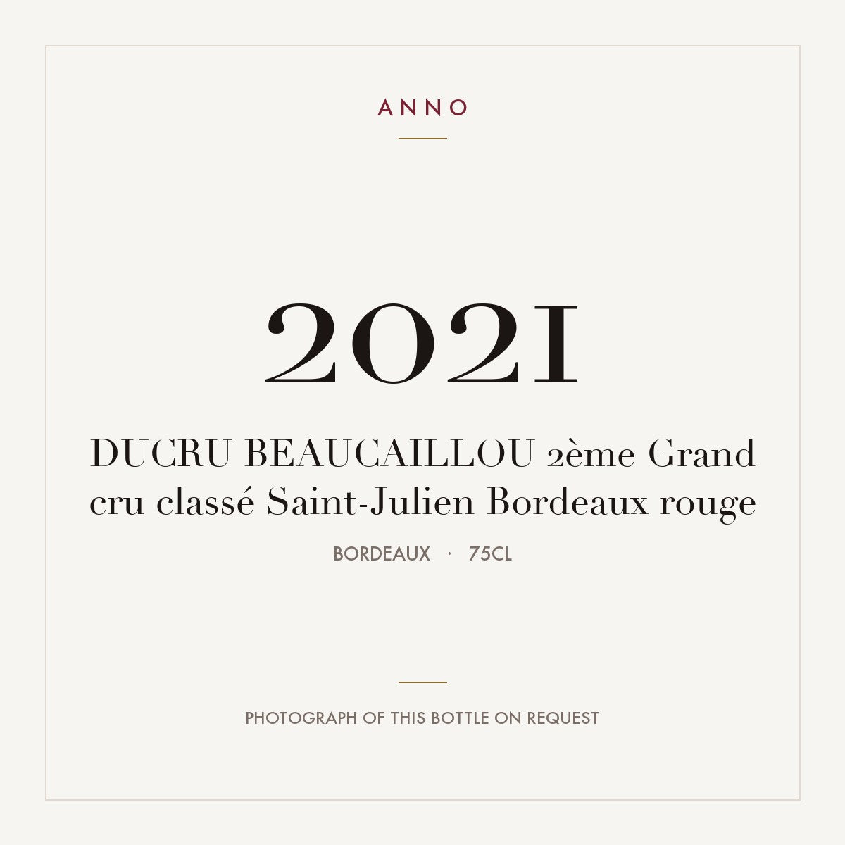 Chateau Ducru-Beaucaillou Saint-Julien 2021 AOC 0,75l — ANNO vintage card; photograph of the actual bottle available on request
