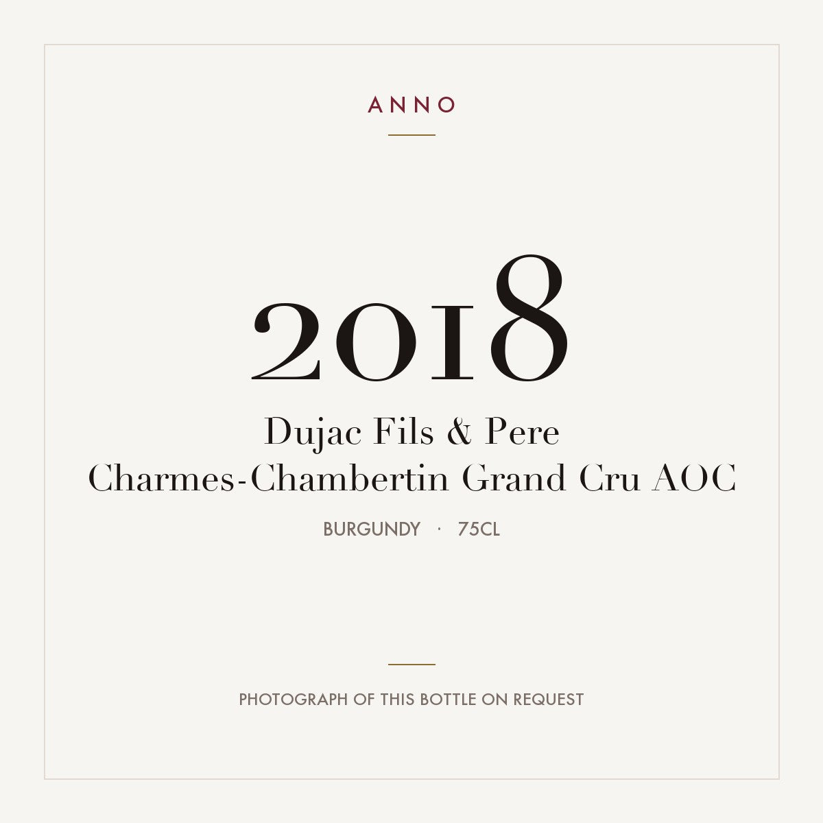 Dujac Fils & Pere Charmes-Chambertin Grand Cru 2018 AOC 0,75l, Borgogna — card dell'annata ANNO; foto della bottiglia reale disponibile su richiesta