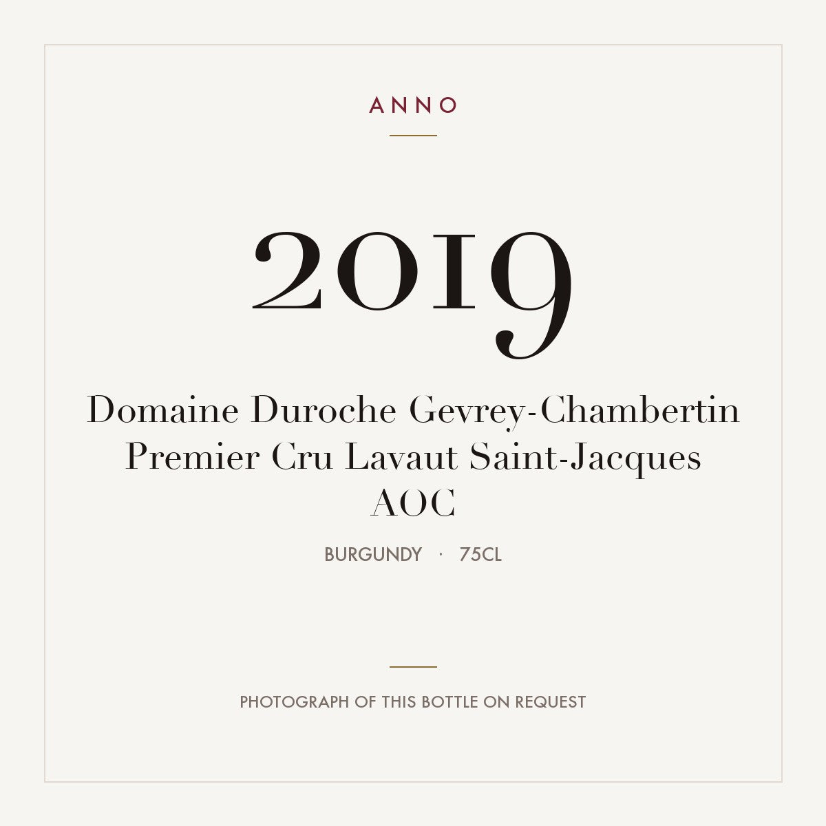 Domaine Duroche Gevrey-Chambertin Premier Cru Lavaut Saint-Jacques 2019 AOC 0,75l, Borgoña — tarjeta de añada ANNO; foto de la botella real disponible bajo petición