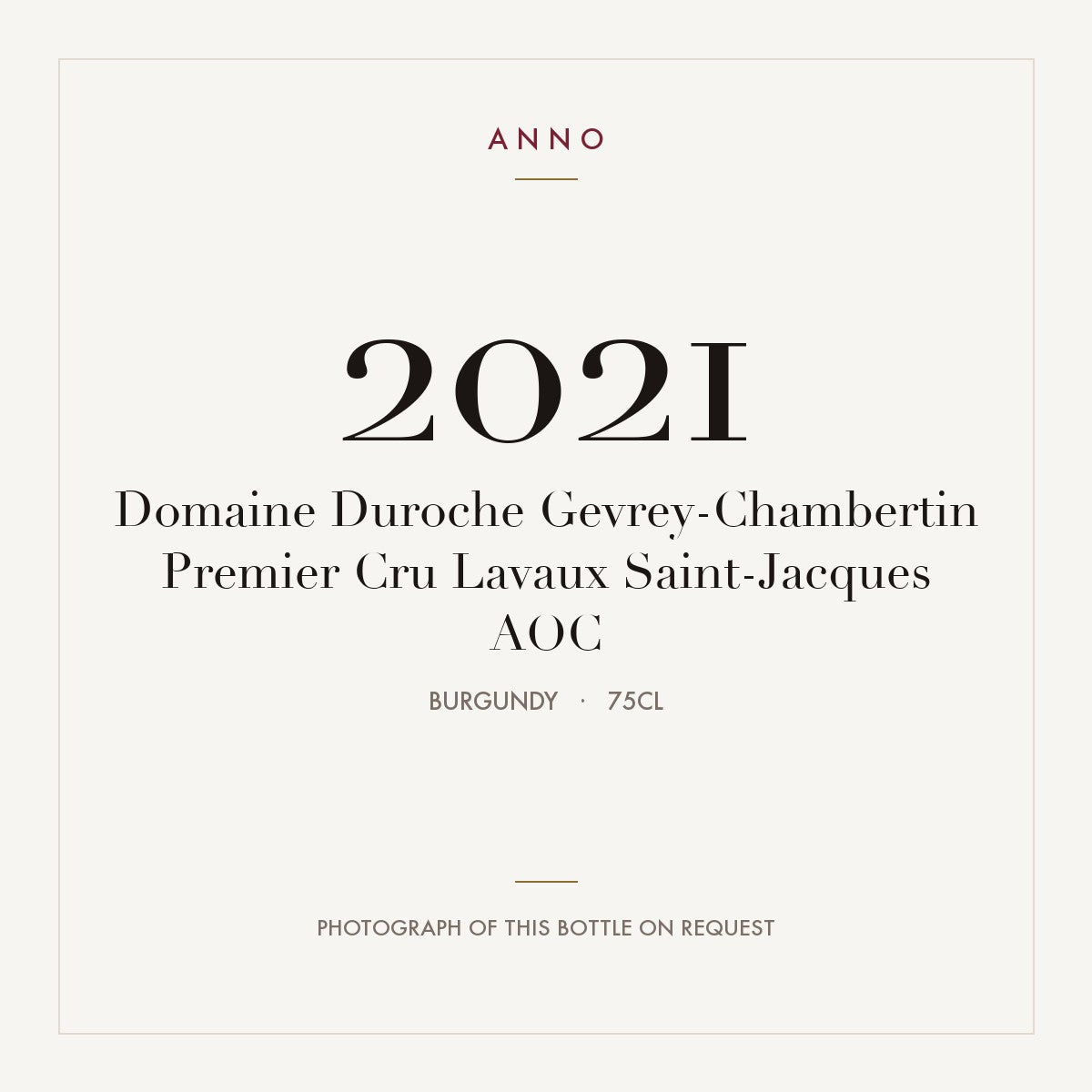 Domaine Duroche Gevrey-Chambertin Premier Cru Lavaux Saint-Jacques 2021 AOC 0,75l from Burgundy — ANNO vintage card; photograph of the actual bottle available on request