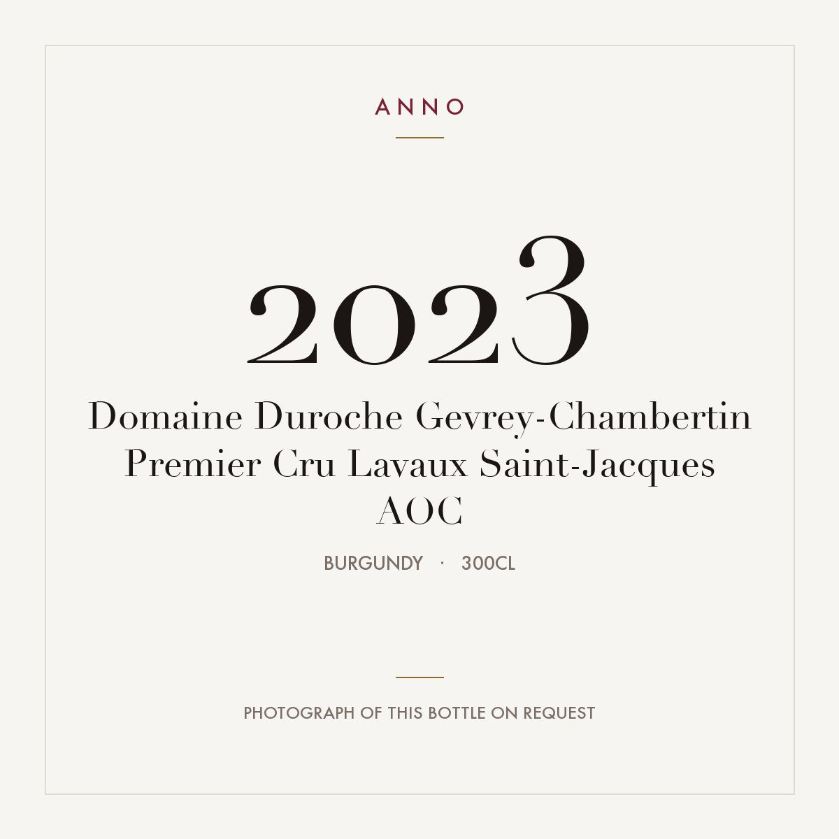 Domaine Duroche Gevrey-Chambertin Premier Cru Lavaux Saint-Jacques 2023 AOC 3l, Бургундия — карточка урожая ANNO; фото настоящей бутылки по запросу