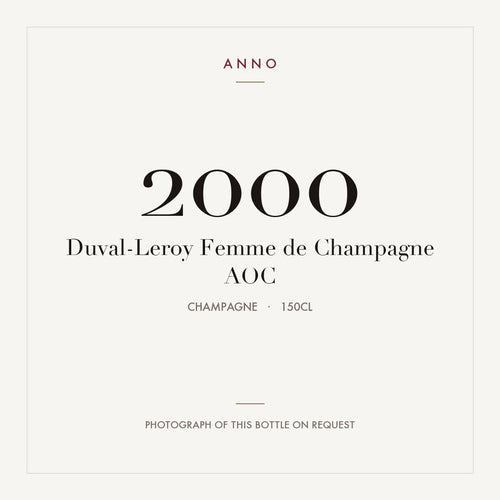 Duval-Leroy Femme de Champagne 2000 AOC 1,5l, Champagne — tarjeta de añada ANNO; foto de la botella real disponible bajo petición