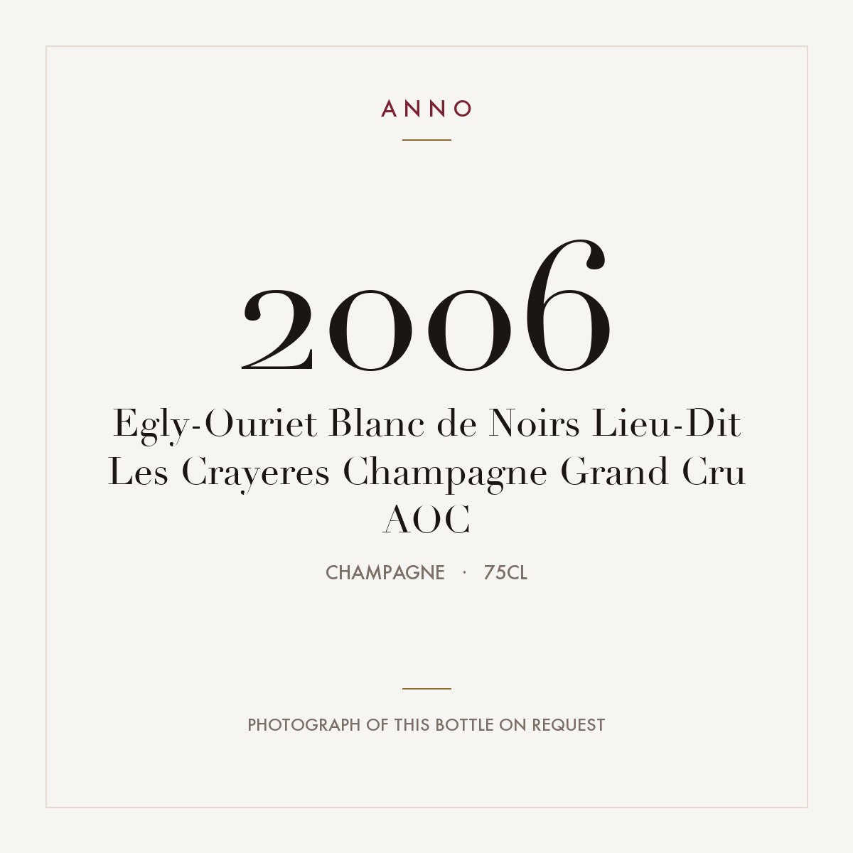 Egly-Ouriet Blanc de Noirs Lieu-Dit Les Crayeres Champagne Grand Cru 2006 AOC 0,75l from Champagne — ANNO vintage card; photograph of the actual bottle available on request