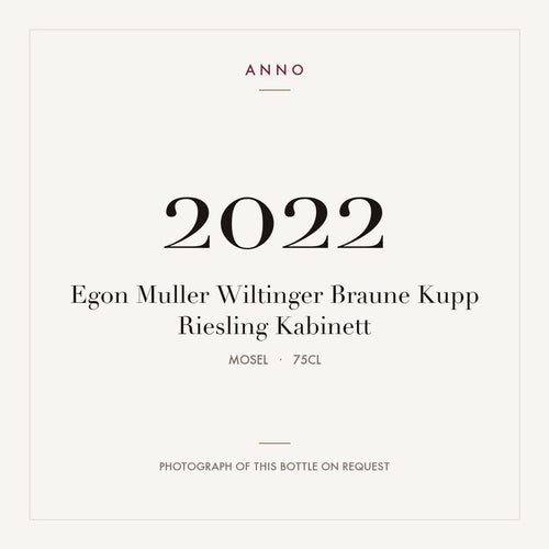 Egon Muller Wiltinger Braune Kupp Riesling Kabinett 2022 0,75l — cartão de colheita ANNO; fotografia da garrafa real disponível a pedido