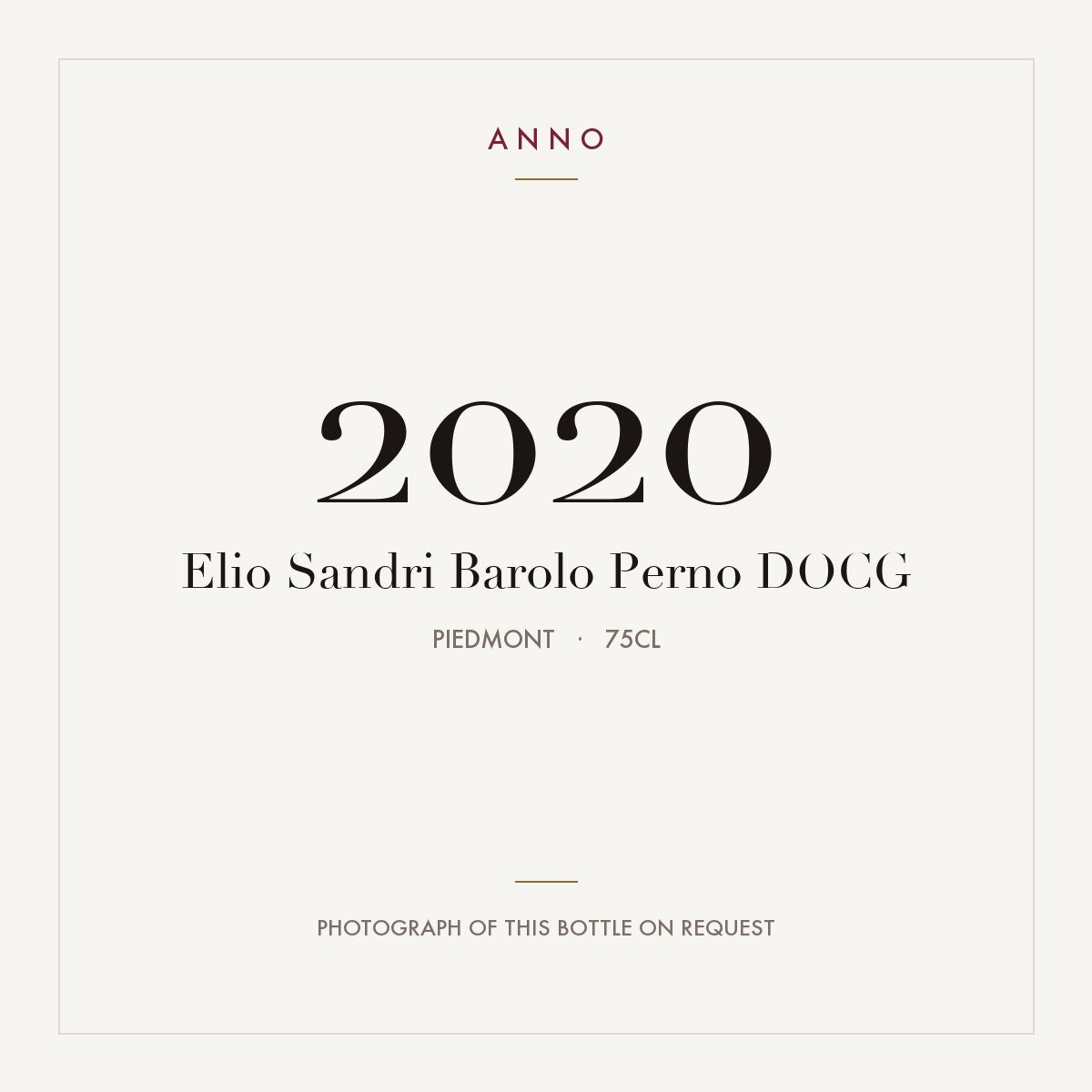 Elio Sandri Barolo Perno 2020 DOCG 0,75l, Piemonte — card dell'annata ANNO; foto della bottiglia reale disponibile su richiesta
