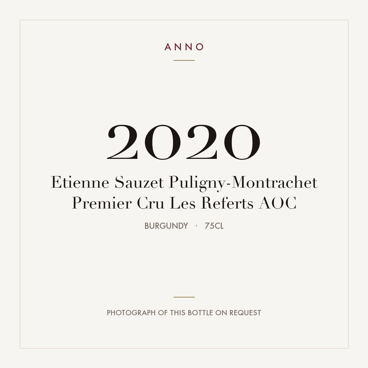 Etienne Sauzet Puligny-Montrachet Premier Cru Les Referts 2020 AOC 0,75l, Borgoña — tarjeta de añada ANNO; foto de la botella real disponible bajo petición