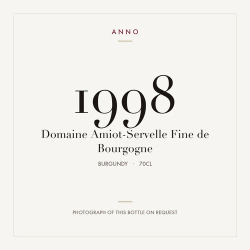 Domaine Amiot-Servelle Fine de Bourgogne 1998 0,7l from Burgundy — ANNO vintage card; photograph of the actual bottle available on request