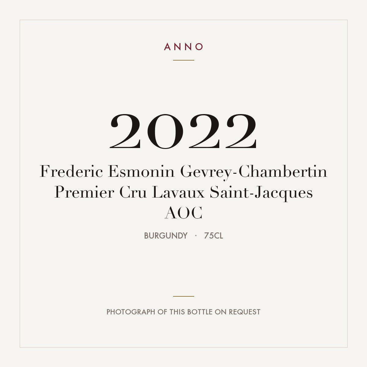 Frederic Esmonin Gevrey-Chambertin Premier Cru Lavaux Saint-Jacques 2022 AOC 0,75l, Borgonha — cartão de colheita ANNO; fotografia da garrafa real disponível a pedido