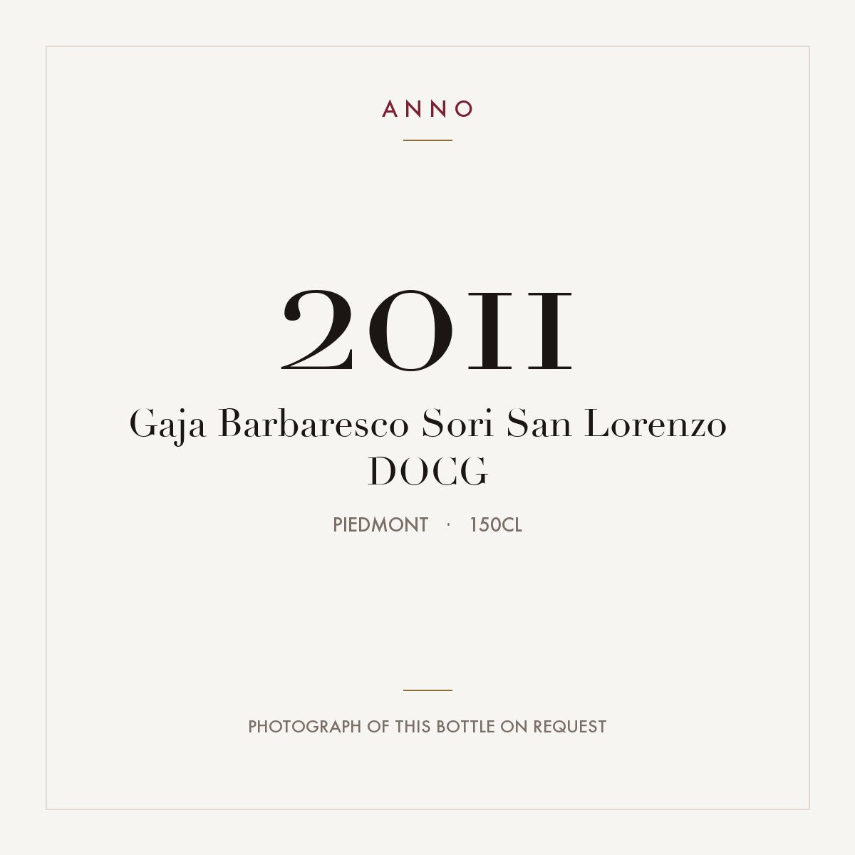 Gaja Barbaresco Sori San Lorenzo 2011 DOCG 1,5l, Piemonte — ANNO-årgangskort; foto af den faktiske flaske på forespørgsel