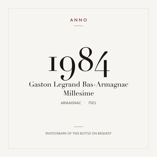 Gaston Legrand Bas-Armagnac Millesime 1984 0,7l from Armagnac — ANNO vintage card; photograph of the actual bottle available on request
